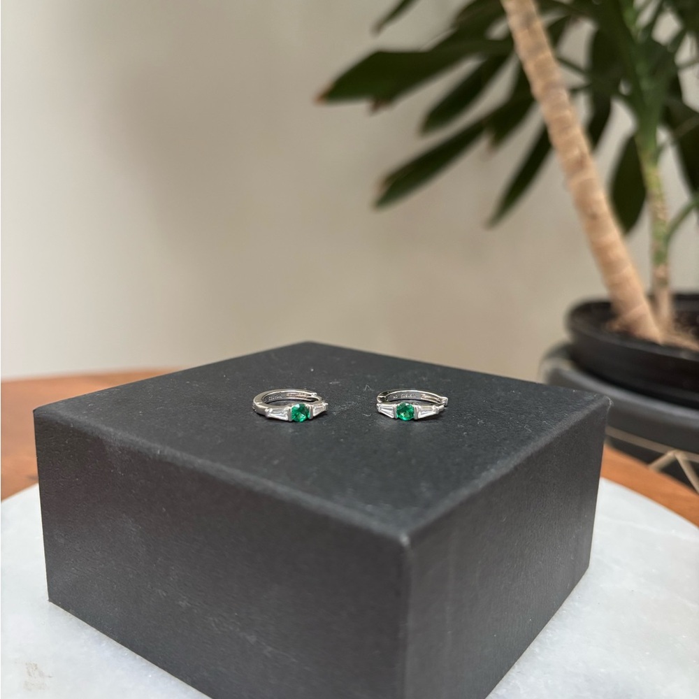Sterling Silver Green Gemstone Hoop Huggie Earrings